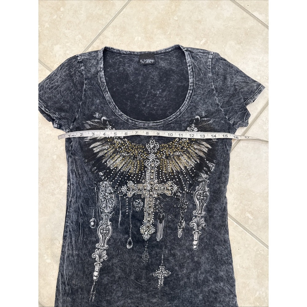 Vintage Y2K Top Acid Wash Tee T-Shirt Large Grunge Rhinestone Cross Wings Gothic - Picture 6 of 9